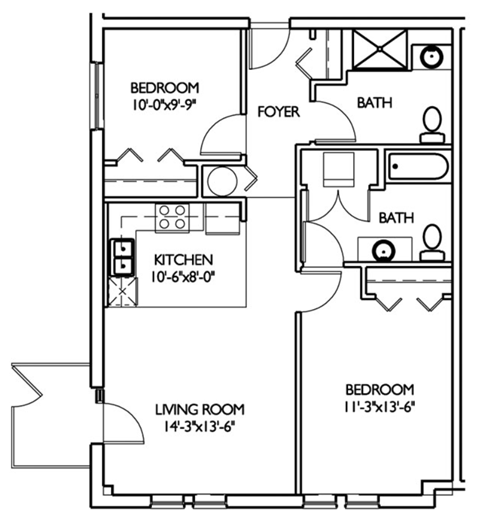 Floor plan for 2 beds, 2 baths, 895 sqft